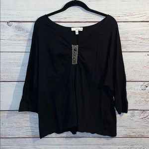 Black 3/4 Sleeve Blouse with Beaded Design Size 1X